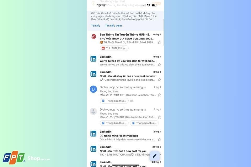 Ứng dụng sẽ tự động chuyển bạn đến hộp thư đến (Inbox)