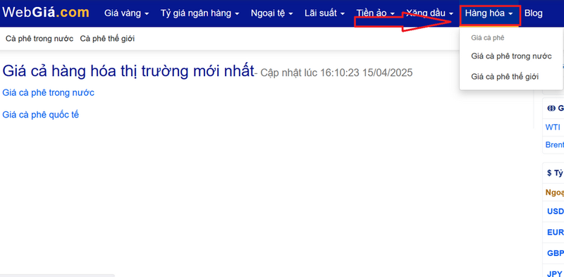 Giao diện trang web hiển thị với thông tin giá cả