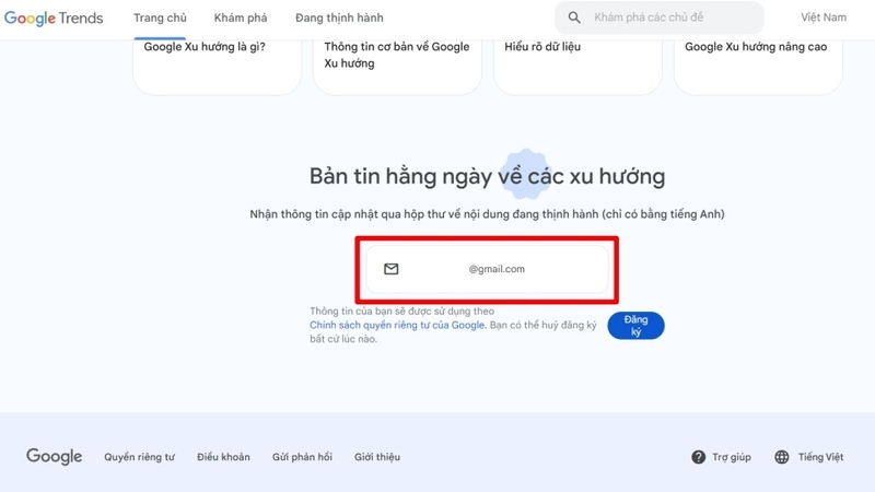 Đăng ký nhận tin từ Google Trend qua email