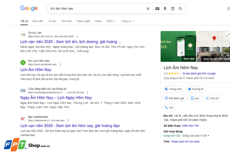 Xem lịch âm qua thanh tìm kiếm Google