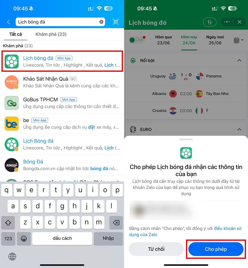 Cách xem lịch thi đấu, kết quả và tin tức Euro trên Zalo 1