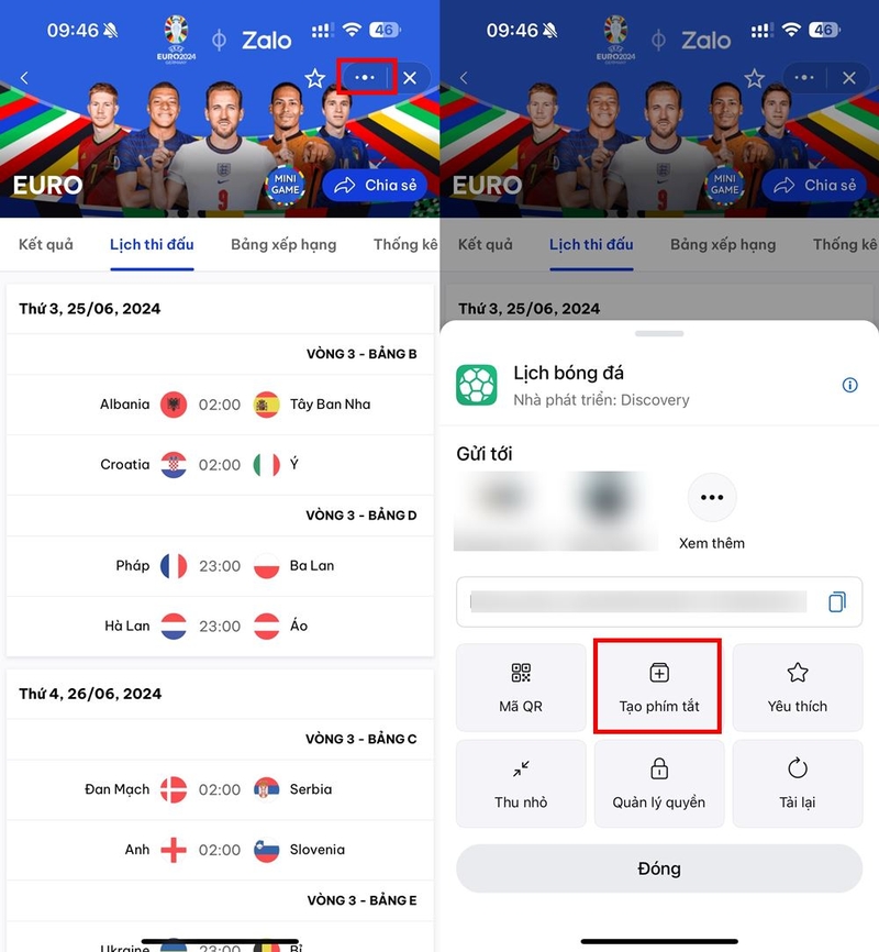 Cách xem lịch thi đấu, kết quả và tin tức Euro trên Zalo 3