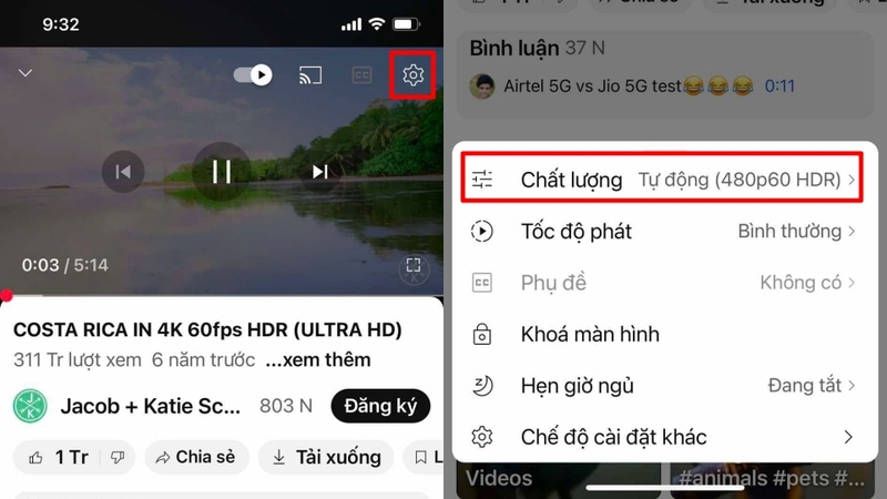 Mở video trên Youtube rồi click bánh răng cài đặt và click vào dòng Chất lượng