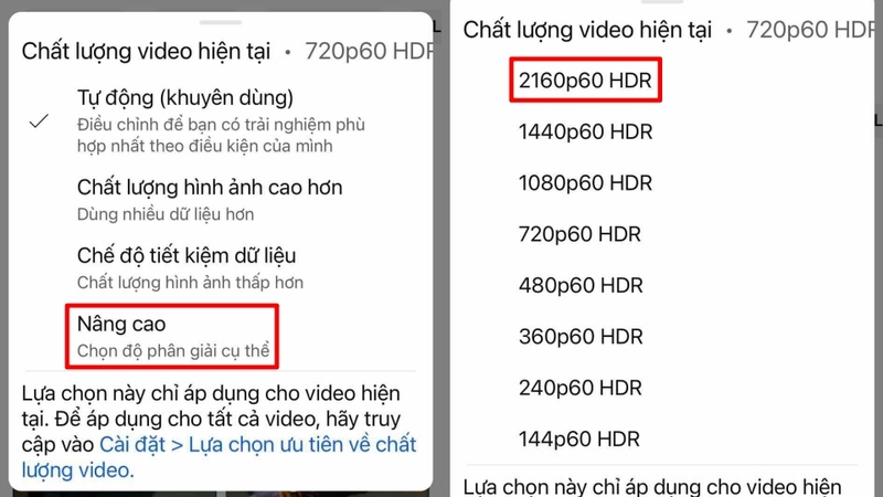 Nhấn Nâng cao rồi chọn độ phân giải 2160p