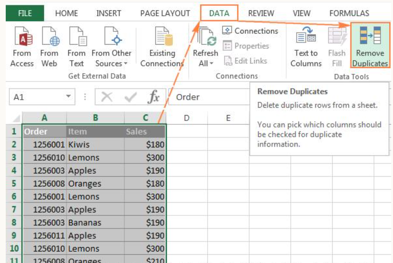 xoa du lieu bang chuc nang remove duplicates