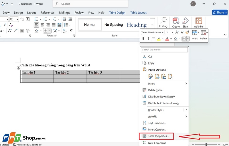Lựa chọn bảng và truy cập vào thuộc tính của bảng.