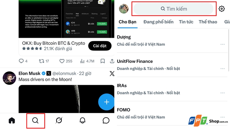 Chạm vào thanh để hiện ra danh sách lịch sử tìm kiếm