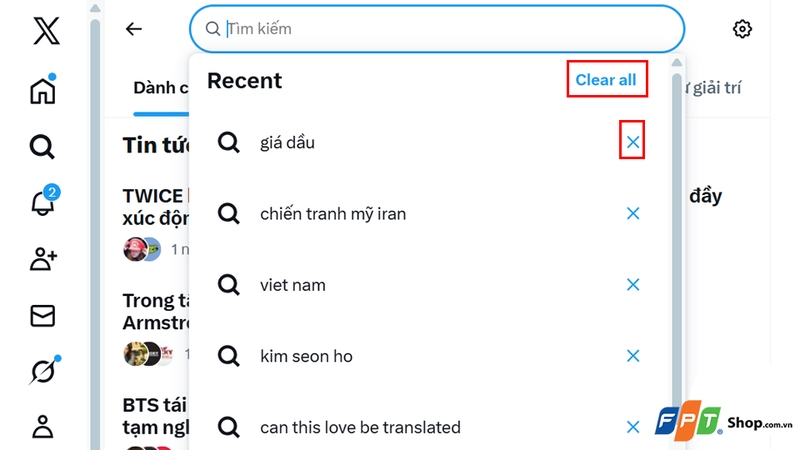 Nhấn "Xóa tất cả" (Clear all) hoặc dấu “X” để xóa lịch sử tìm kiếm