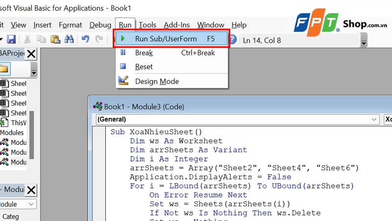 Nhấn Run Sub (F5) để chạy code
