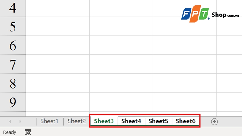 Giữ phím Shift và nhấn chuột vào sheet cuối cùng cần xóa