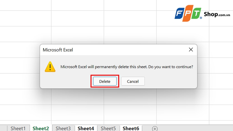 Nhấn phím Delete để xác nhận xóa sheet