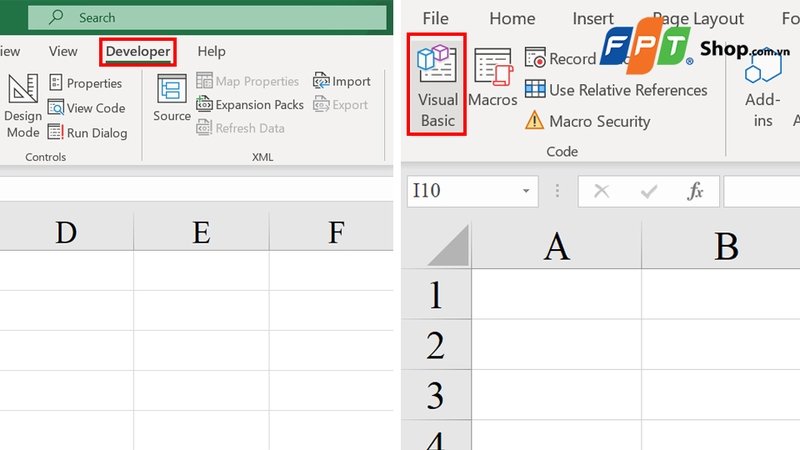Vào tab Developer và chọn Visual Basic