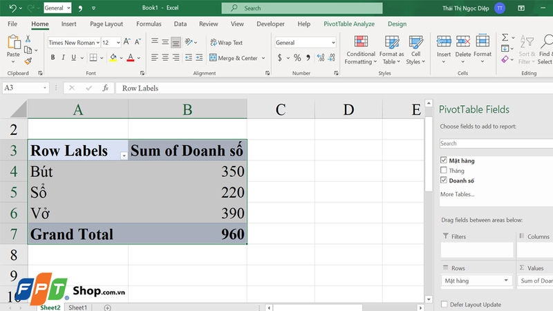 PivotTable là một công cụ mạnh mẽ trong Excel