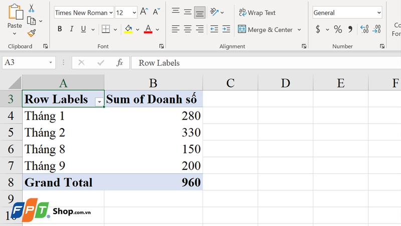 Nhấn vào một ô bất kỳ trong bảng PivotTable