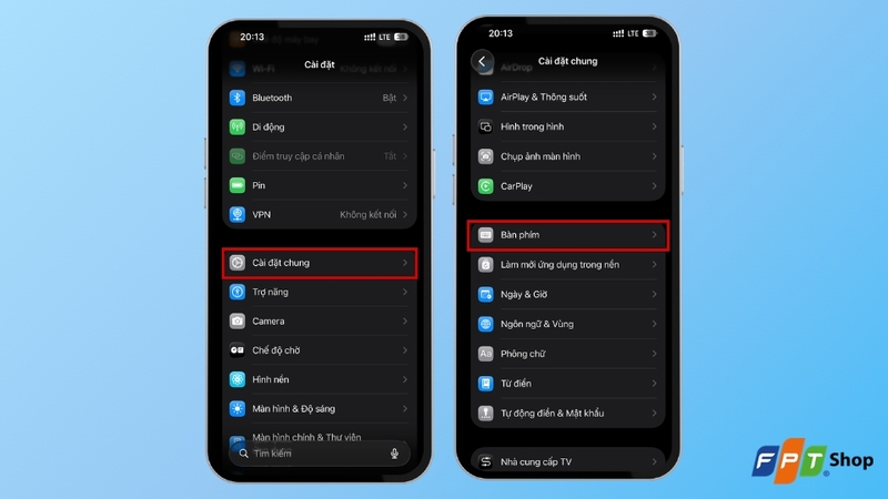 Chọn mục Bàn phím
