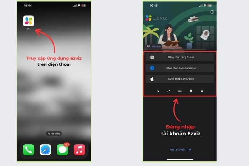 Mở ứng dụng Ezviz trên điện thoại và đăng nhập