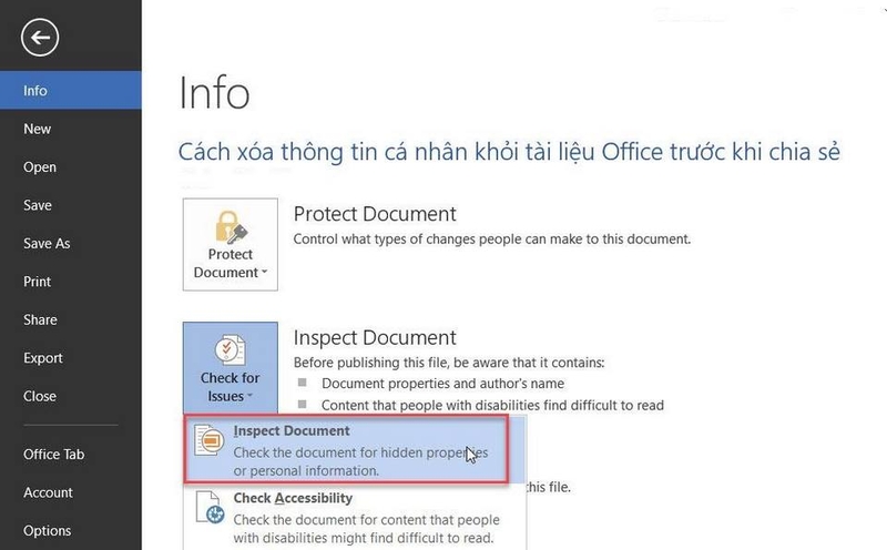 Khởi động công cụ kiểm tra tài liệu (Document Inspector)