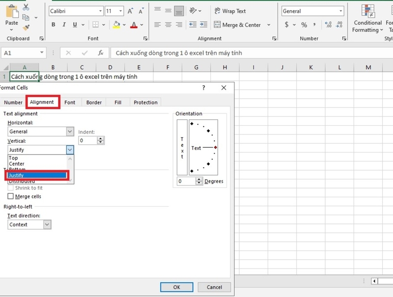 Chọn lệnh Justify trong hộp thoại Format Cells