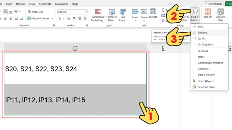 Chọn ô muốn xuống dòng và mở hộp thoại “Find & Replace”