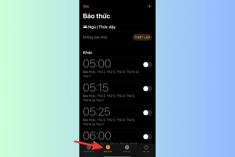 Cài đặt báo thức và giờ đi ngủ trên iPhone hình 1