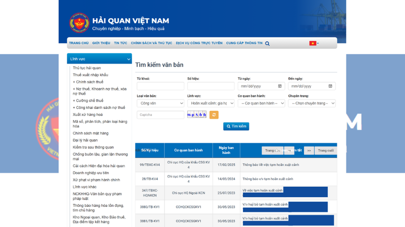 Qua trang web của Tổng cục Hải quan 1
