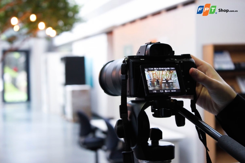 Người dùng thao tác trên máy ảnh đặt trên tripod, màn hình hiển thị khung cảnh phía trước