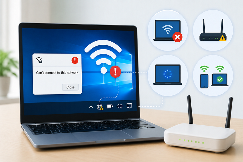 Dấu hiệu nhận biết lỗi Can't connect to this network trên Windows