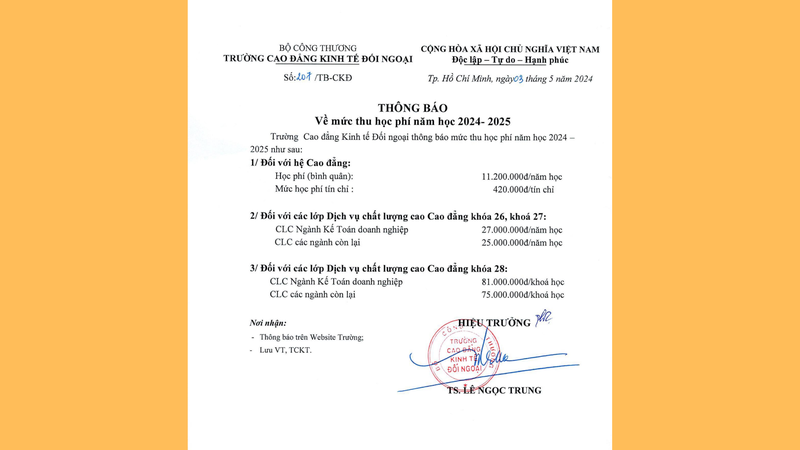 Học phí trường Cao đẳng Kinh tế Đối ngoại năm học 2024-2025