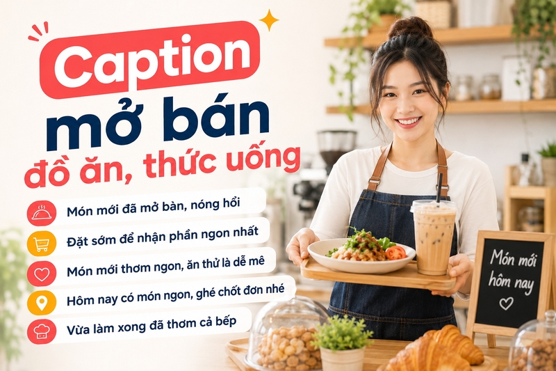 Caption mở bán đồ ăn, thức uống