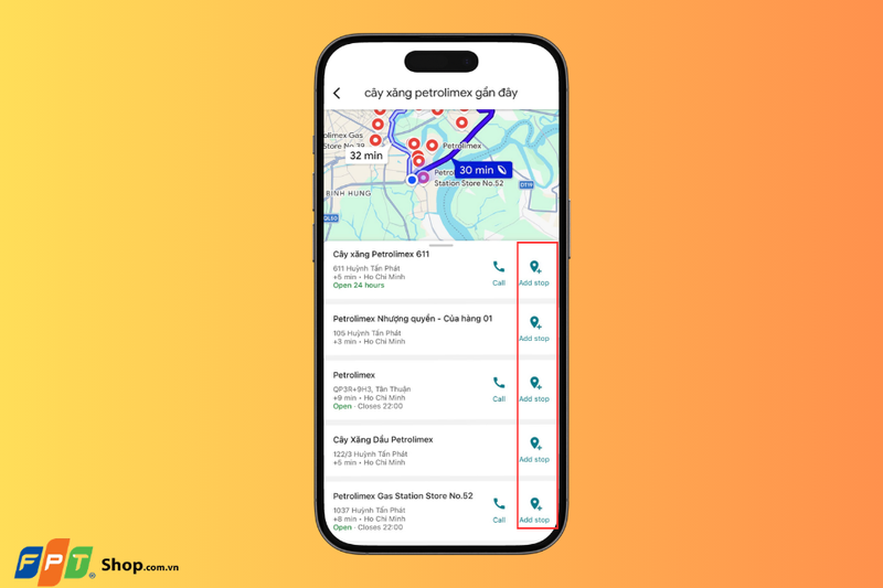 nhấn Add stop để thêm cây xăng vào lộ trình