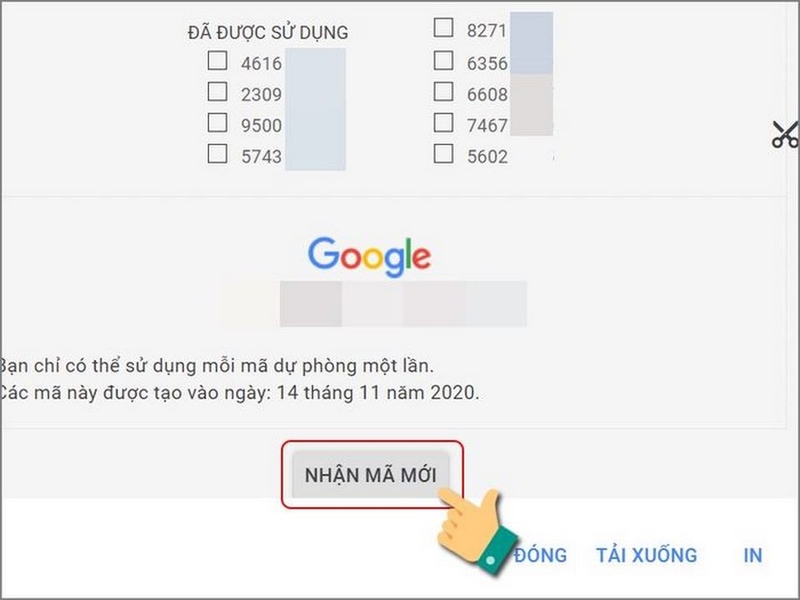 Yêu cầu tạo mã dự phòng mới