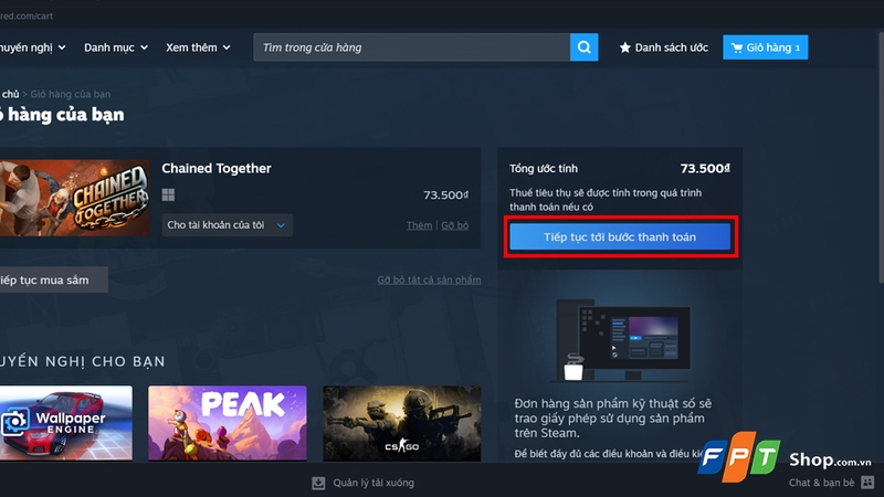 Nhấn “Tiếp tục tới bước thanh toán”