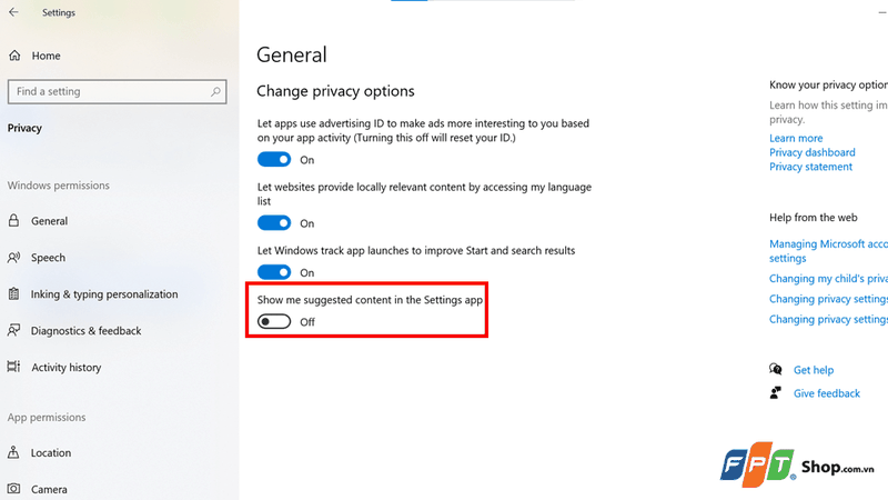 Tắt tùy chọn Show me suggested content in the Settings app
