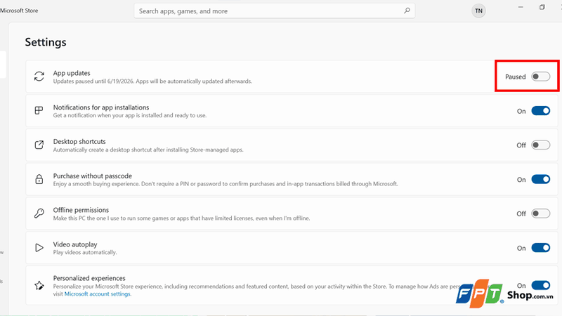 Gạt tắt công tắc dòng App updates