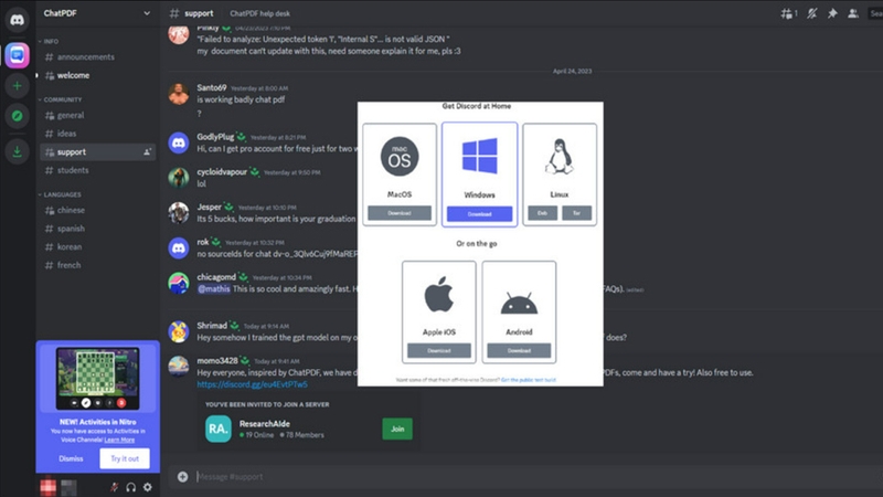 Giao diện của ChatPDF Discord