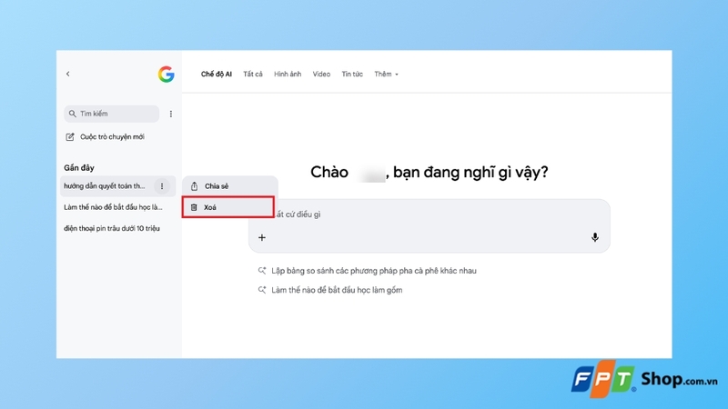 Cách xóa nhật ký tìm kiếm trong chế độ AI