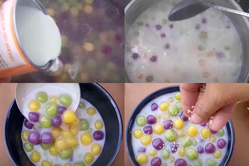 Khi ăn, bạn múc chè ra chén, rắc thêm vài muỗng mè rang lên trên
