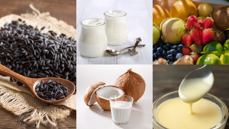 Nguyên liệu chè sữa chua nếp cẩm trái cây