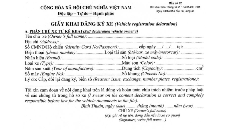 Giấy khai đăng ký xe ô tô 1