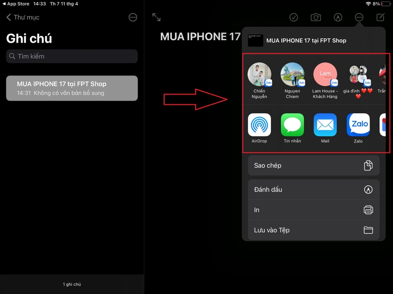 chia sẻ ghi chú trên iPad 5