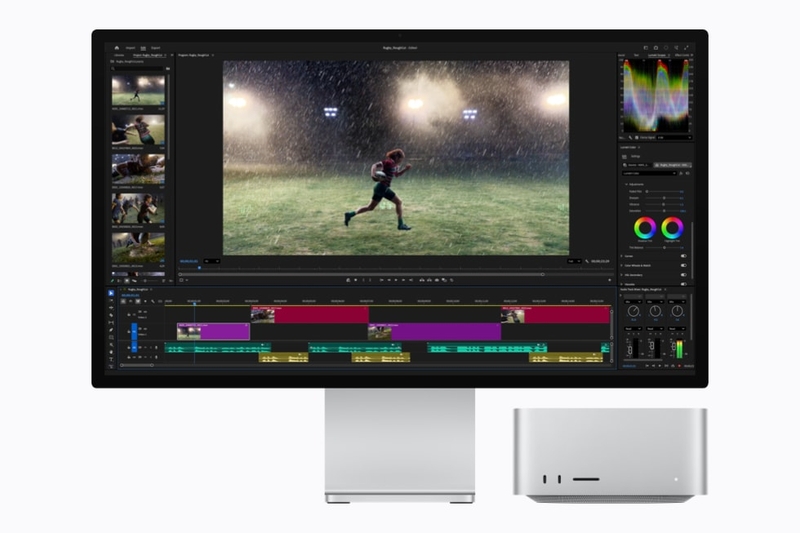 Mac Studio với M5 Ultra phục vụ chỉnh sửa video độ phân giải cao trên Adobe Premiere Pro.