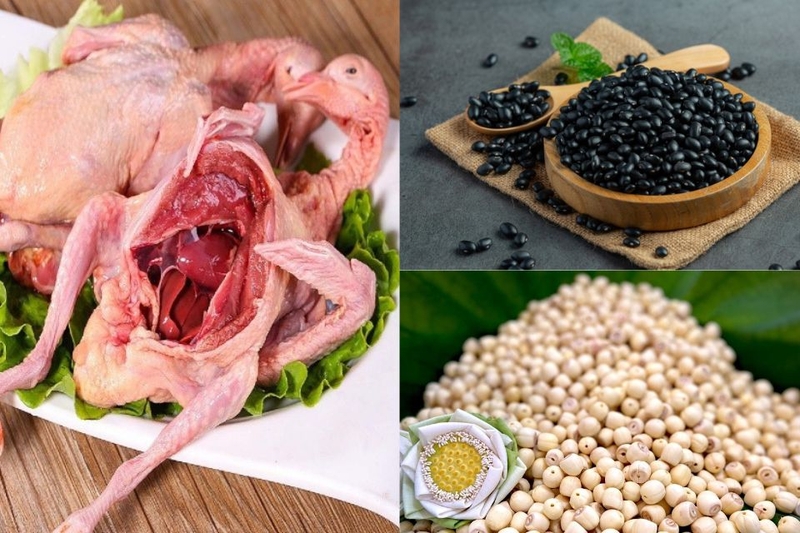 chọn nguyên liệu bồ câu hầm đậu đen hạt sen