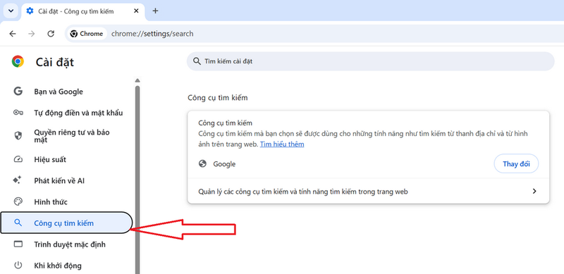 Cấu hình lại mục Công cụ tìm kiếm (Search engine)