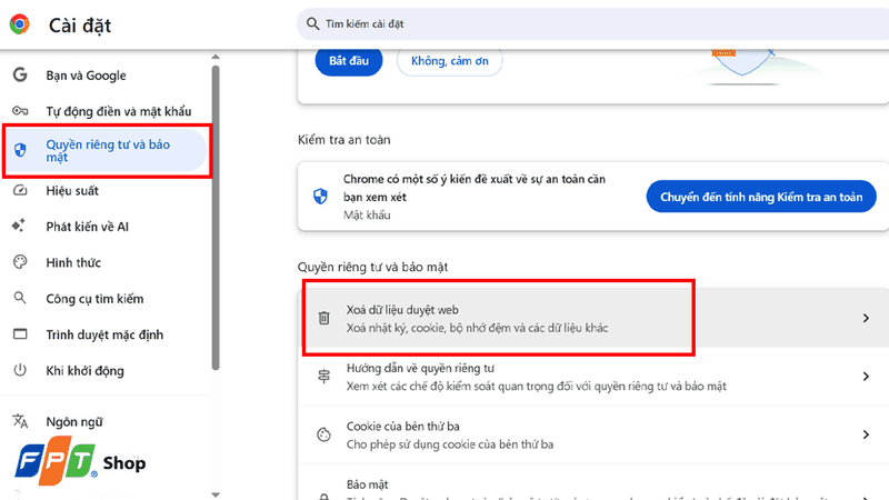 Nhấn ô Xóa dữ liệu duyệt web