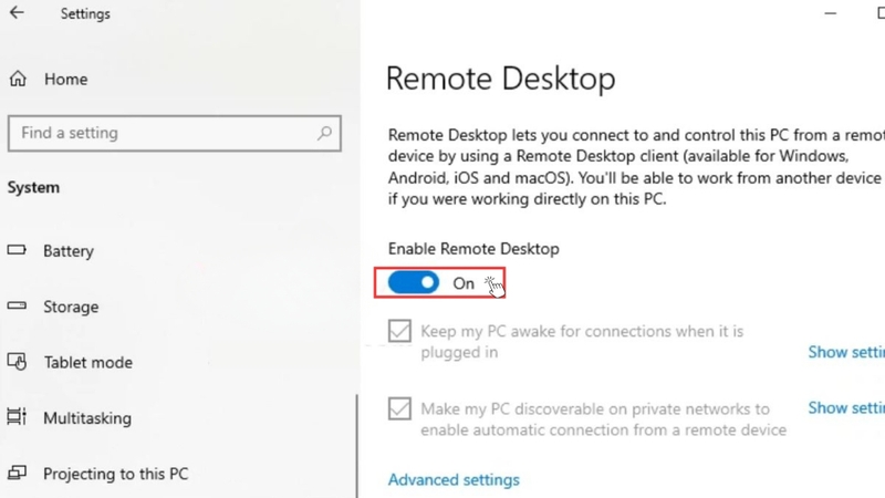 Tại đây, bạn bật tùy chọn Enable Remote Desktop