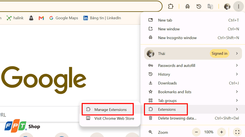 Chọn Manage Extensions (Quản lý tiện ích)