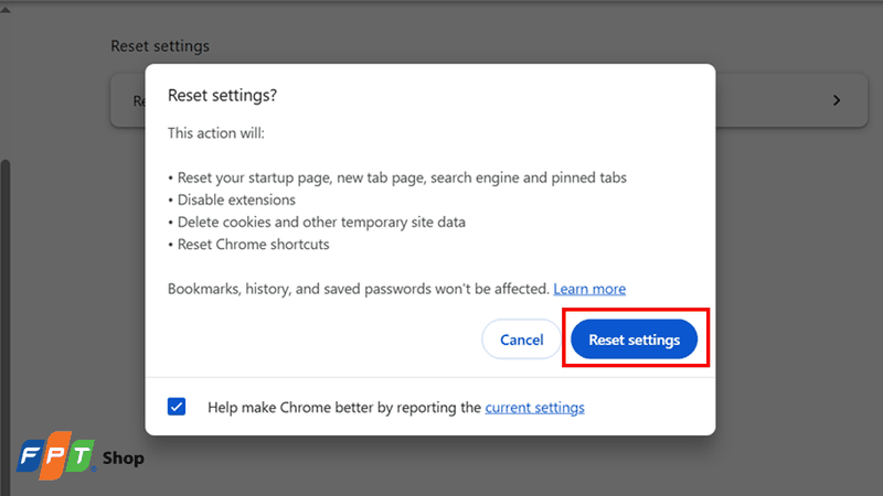 Xác nhận Đặt lại cài đặt (Reset settings)