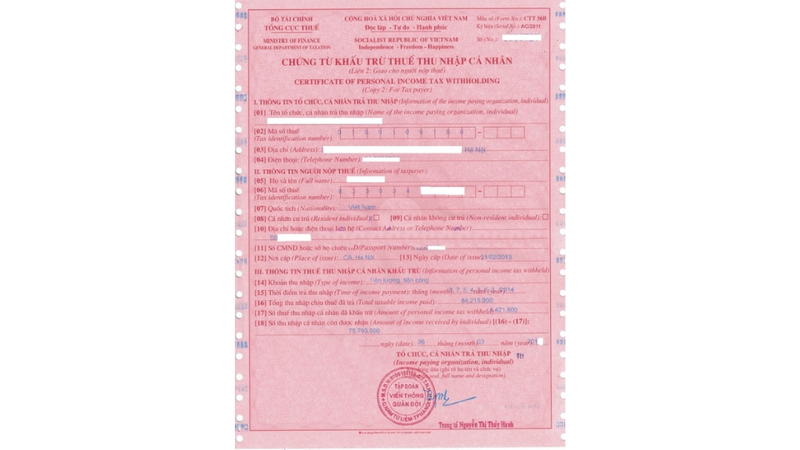 Chứng từ khấu trừ thuế thu nhập cá nhân