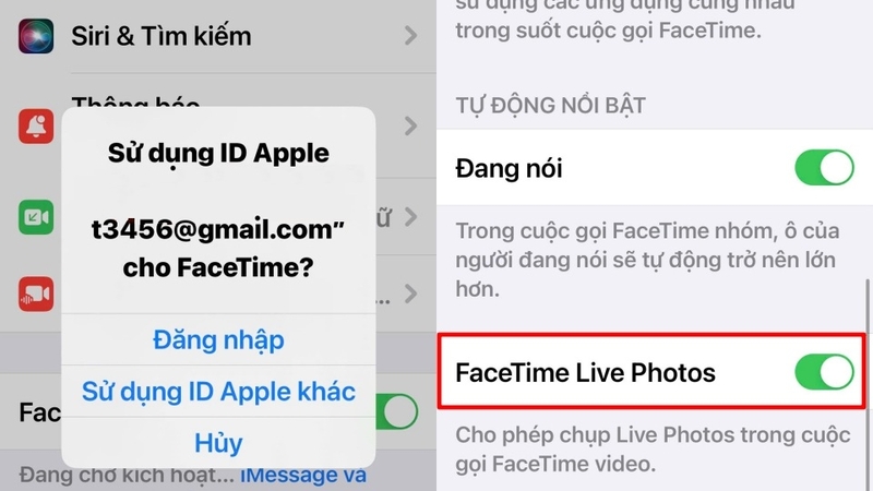 Chọn Dùng ID Apple cho FaceTime rồi bật FaceTime Live Photos