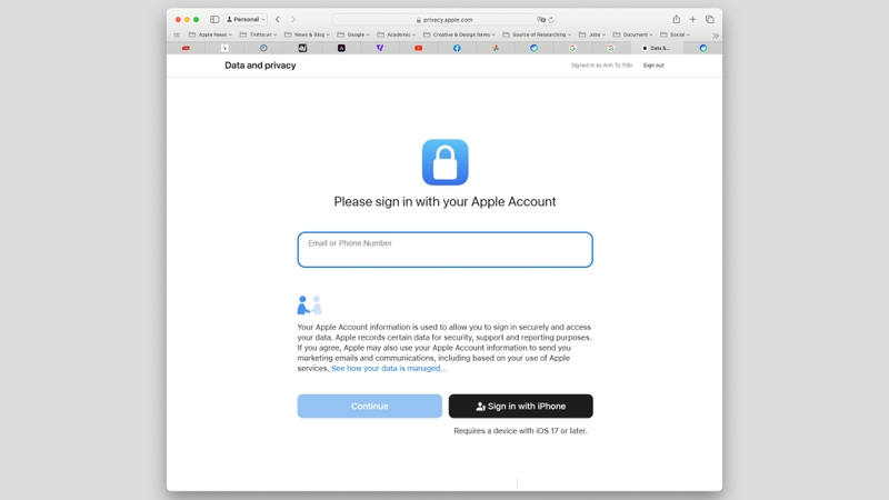 Bước 1: Truy cập trang quản lý dữ liệu của Apple